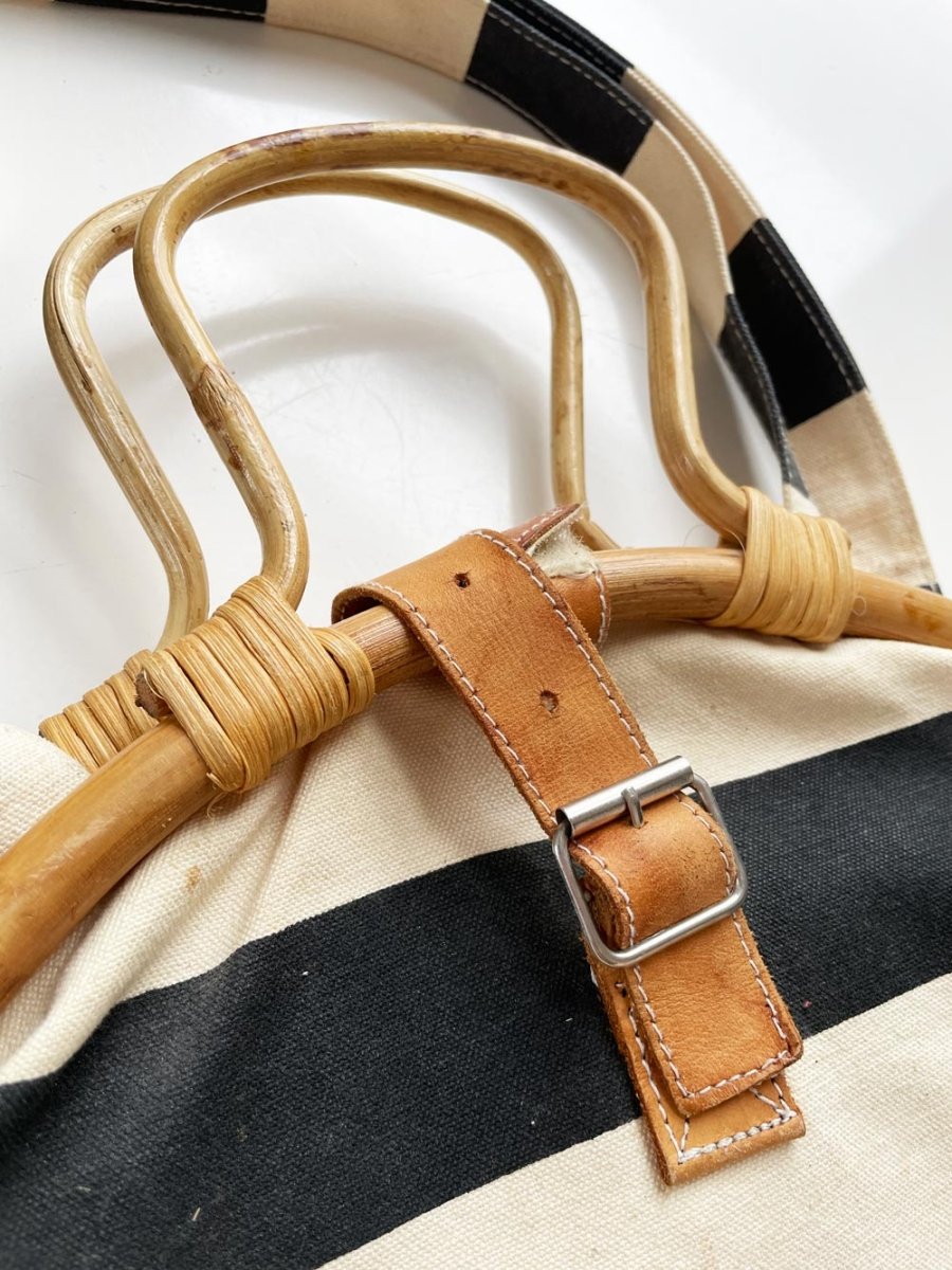 vintage casuelle bamboo handle nautical stripe cabana bag | leather buckle - good market thrift store