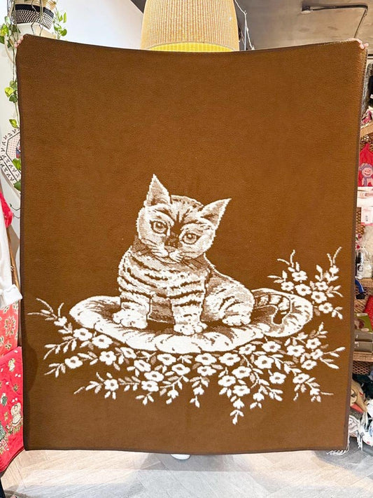 vintage cat soft fleece camp blanket | hand - stitched edge - good market thrift store