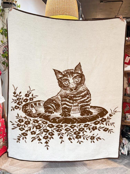 vintage cat soft fleece camp blanket | hand - stitched edge - good market thrift store
