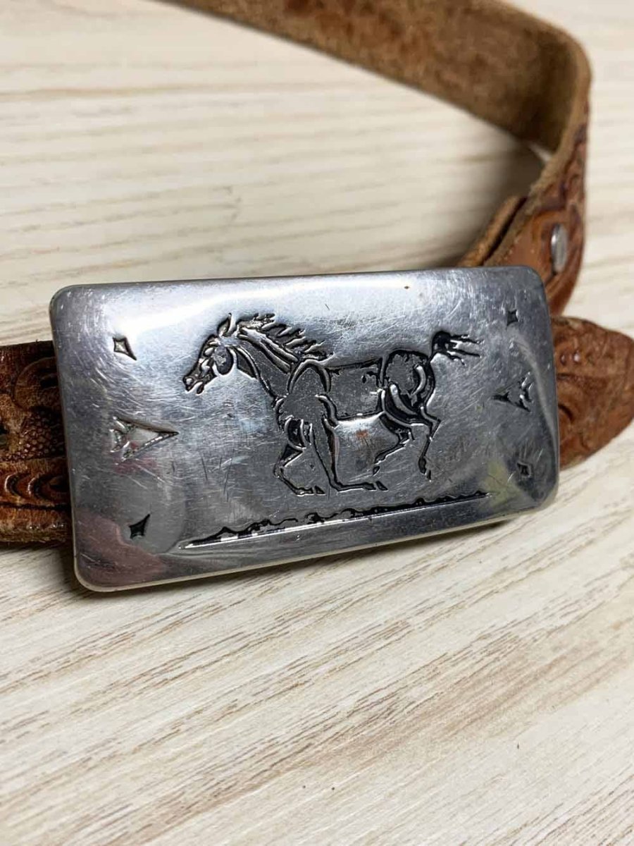 vintage chambers belt co. horse buckle tooled leather belt | made in usa - good market thrift store