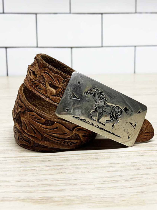 vintage chambers belt co. horse buckle tooled leather belt | made in usa - good market thrift store