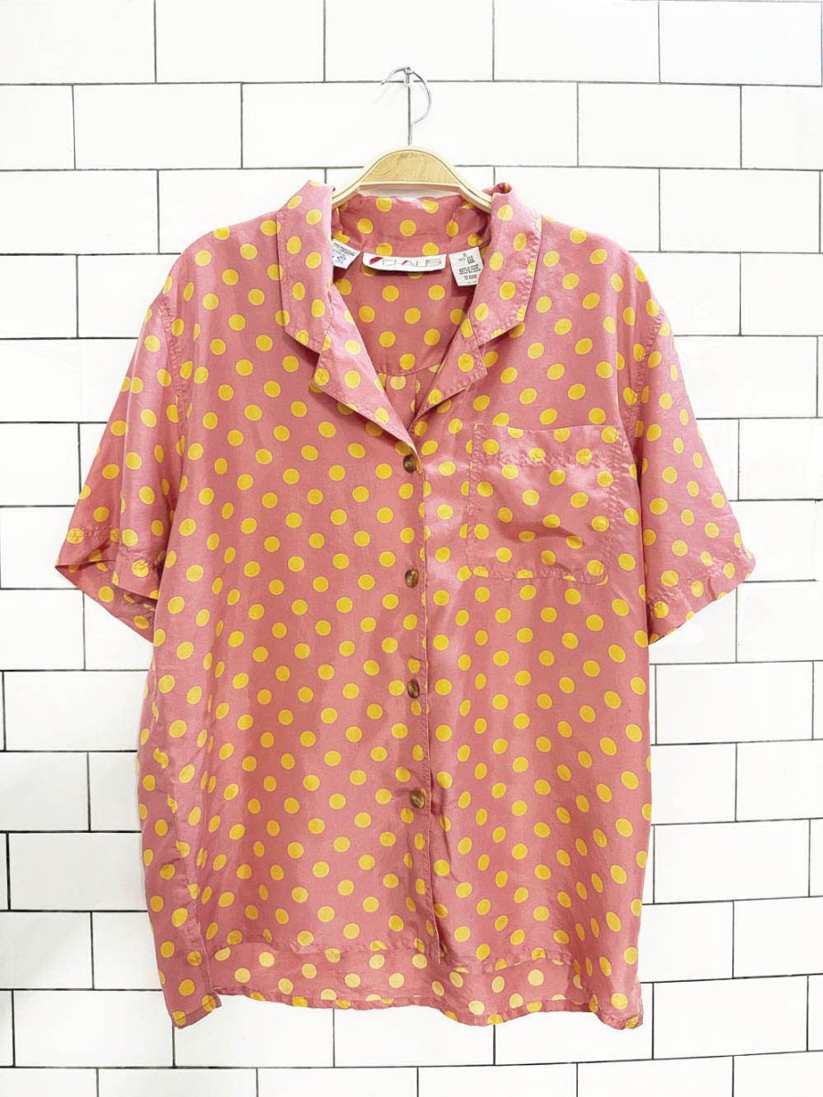 vintage chaus 100% silk polka dot full button blouse - good market thrift store