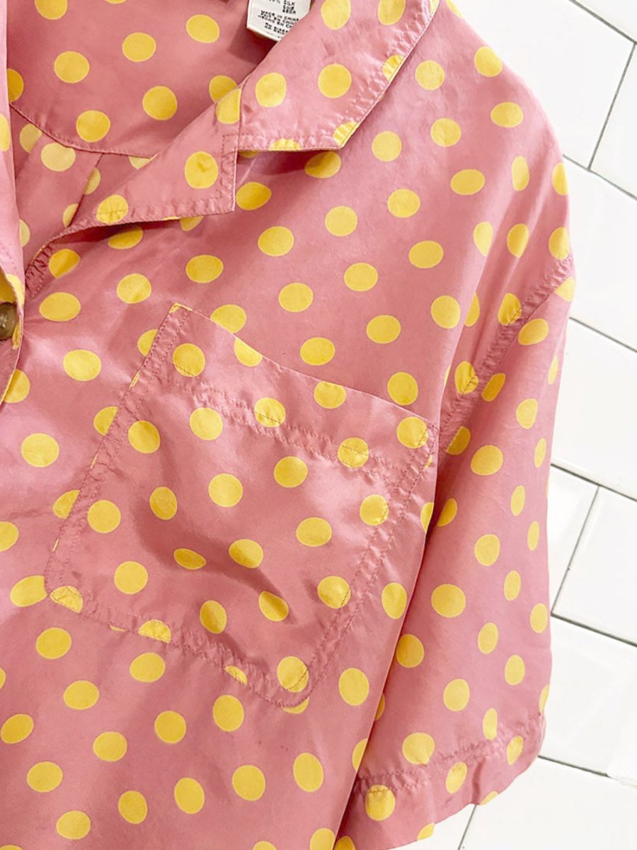 vintage chaus 100% silk polka dot full button blouse - good market thrift store