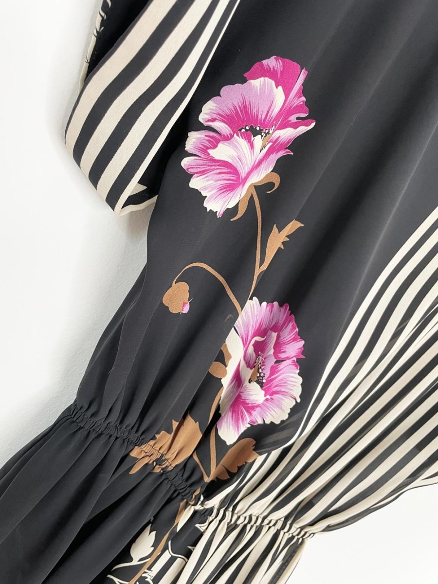 vintage chiffon floral stripe cuffed sleeve house dress - good market thrift store