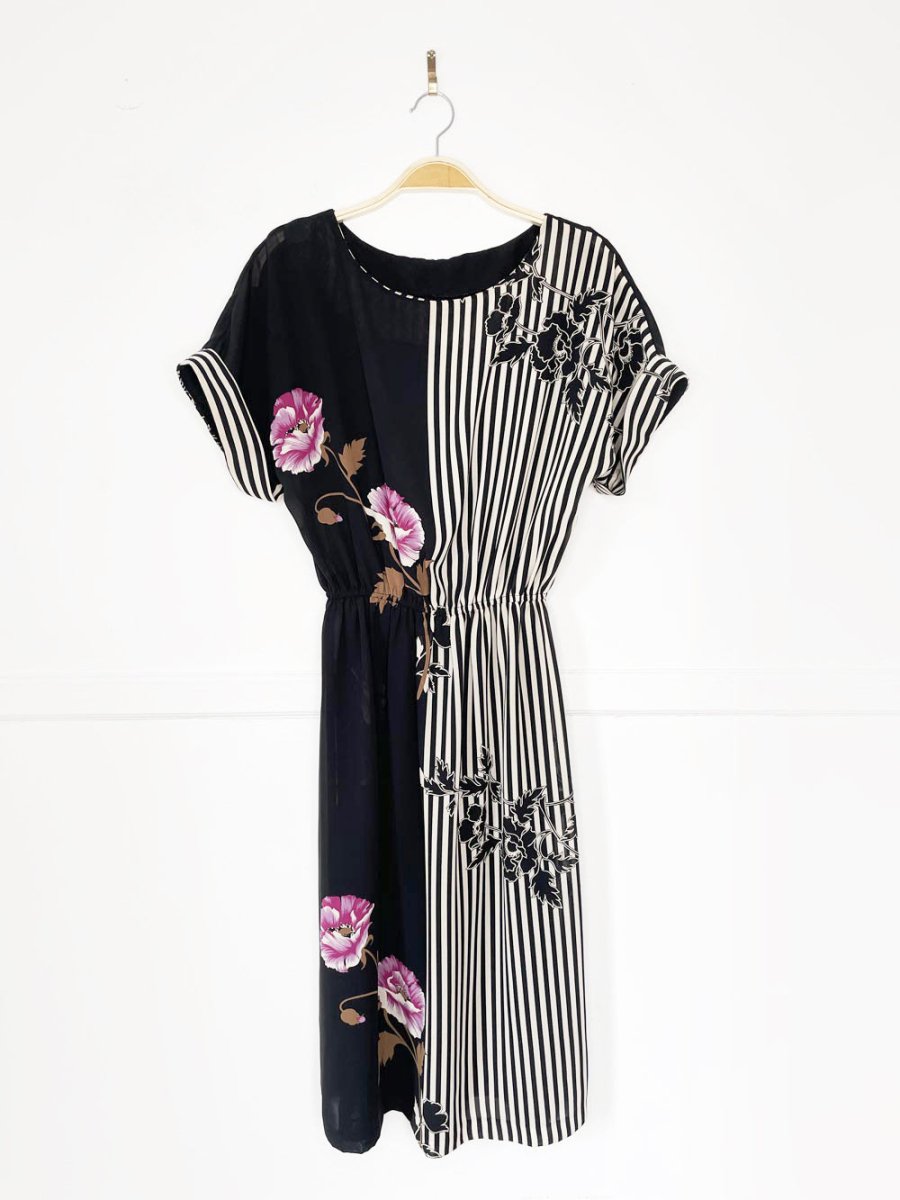 vintage chiffon floral stripe cuffed sleeve house dress - good market thrift store