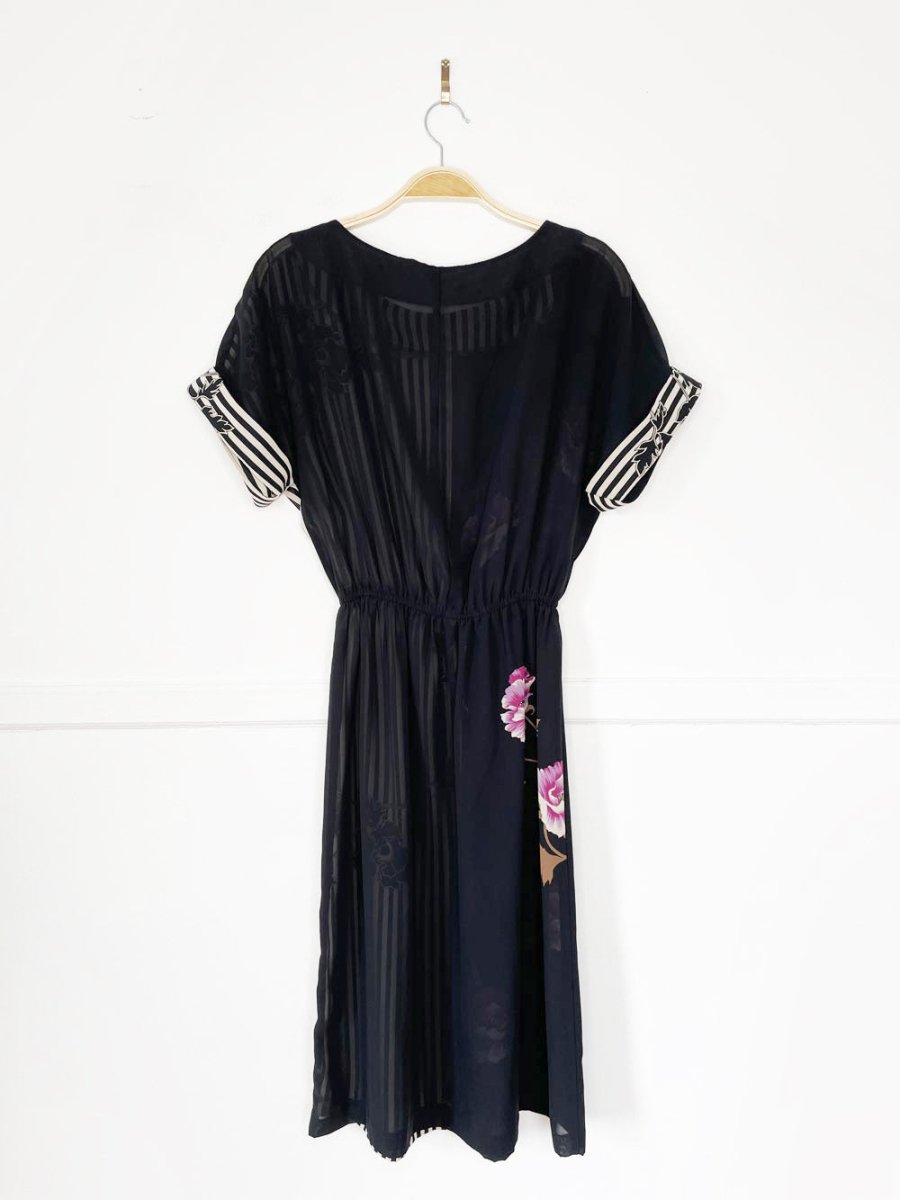 vintage chiffon floral stripe cuffed sleeve house dress - good market thrift store