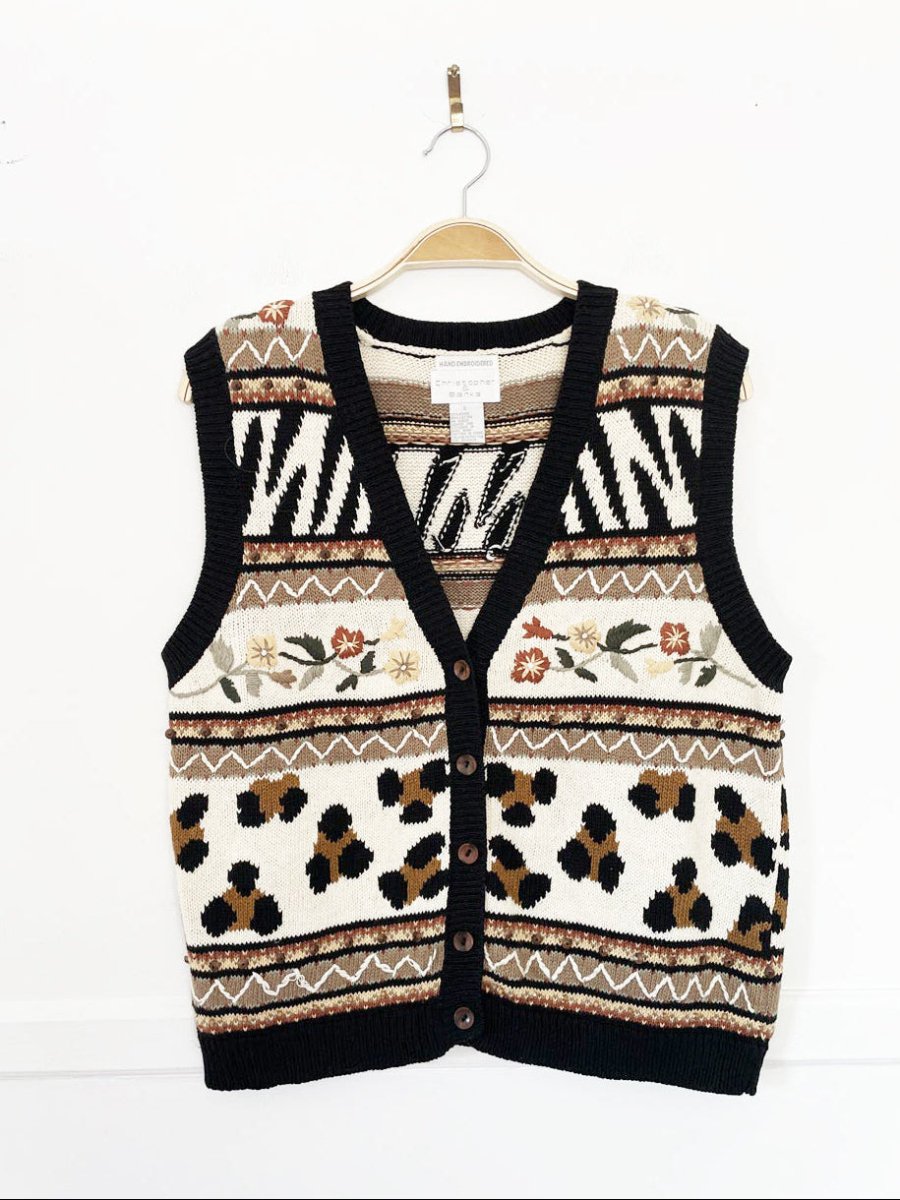 vintage christopher & banks hand-embroidered animal print knit vest - good market thrift store