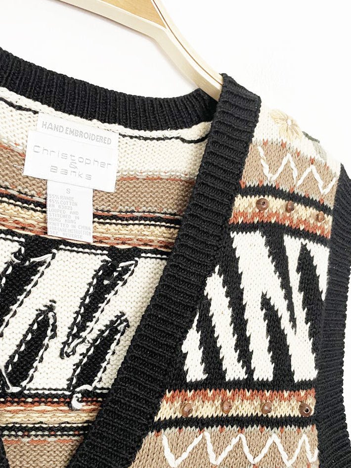 vintage christopher & banks hand-embroidered animal print knit vest - good market thrift store