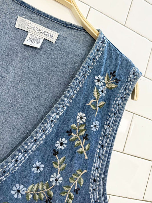 vintage chrysantheme floral embroidered denim vest - good market thrift store
