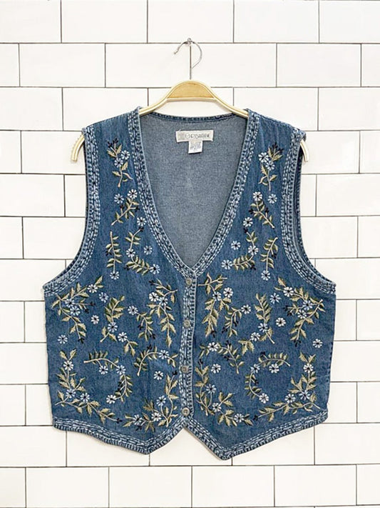 vintage chrysantheme floral embroidered denim vest - good market thrift store