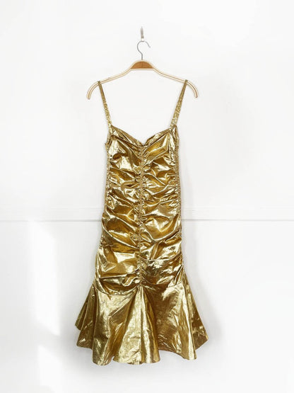 vintage clues 80s gold lamé ruched party dress | new york | paris - good market thrift store