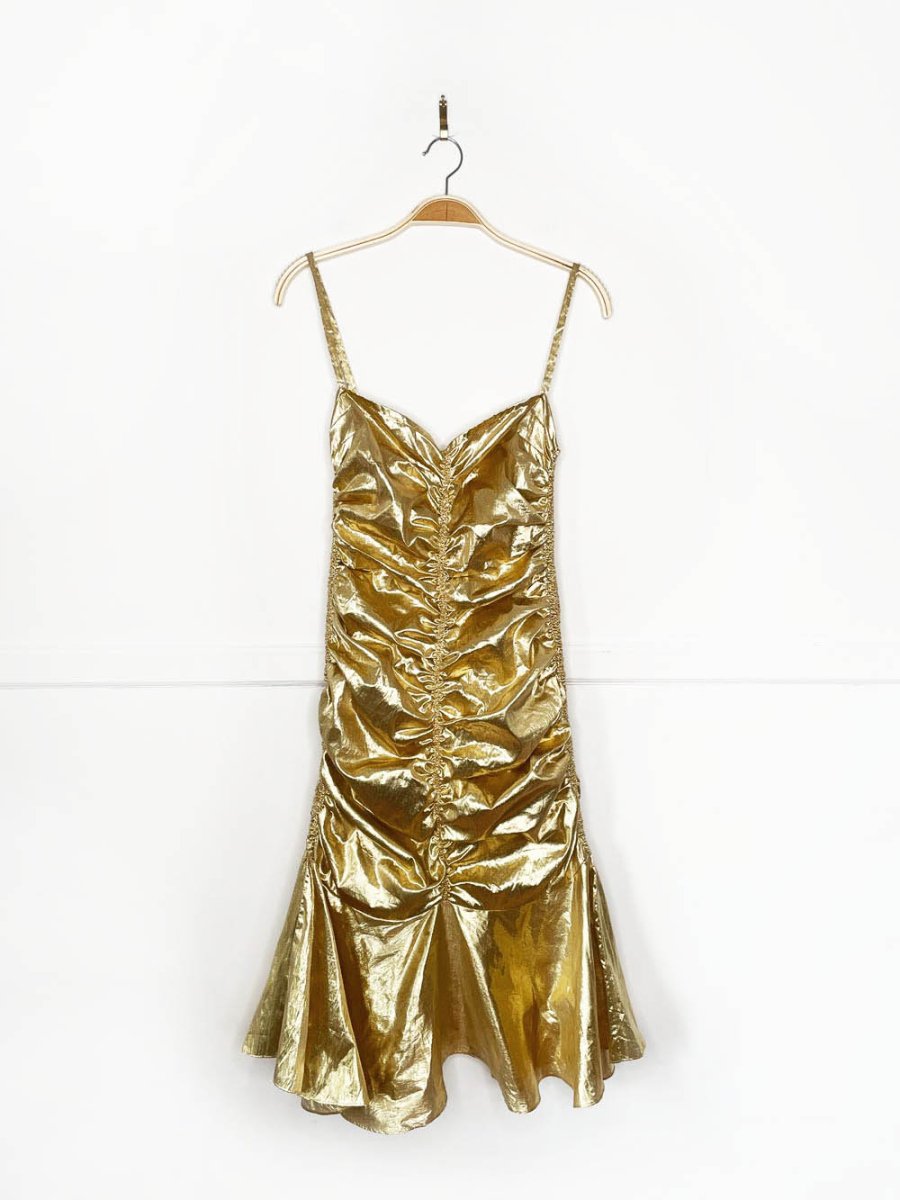 vintage clues 80s gold lamé ruched party dress | new york | paris - good market thrift store