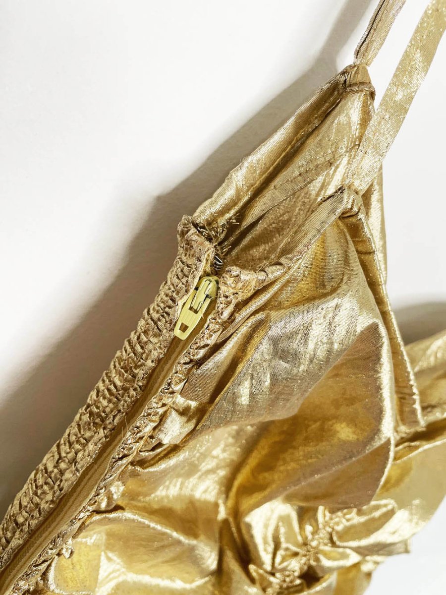 vintage clues 80s gold lamé ruched party dress | new york | paris - good market thrift store