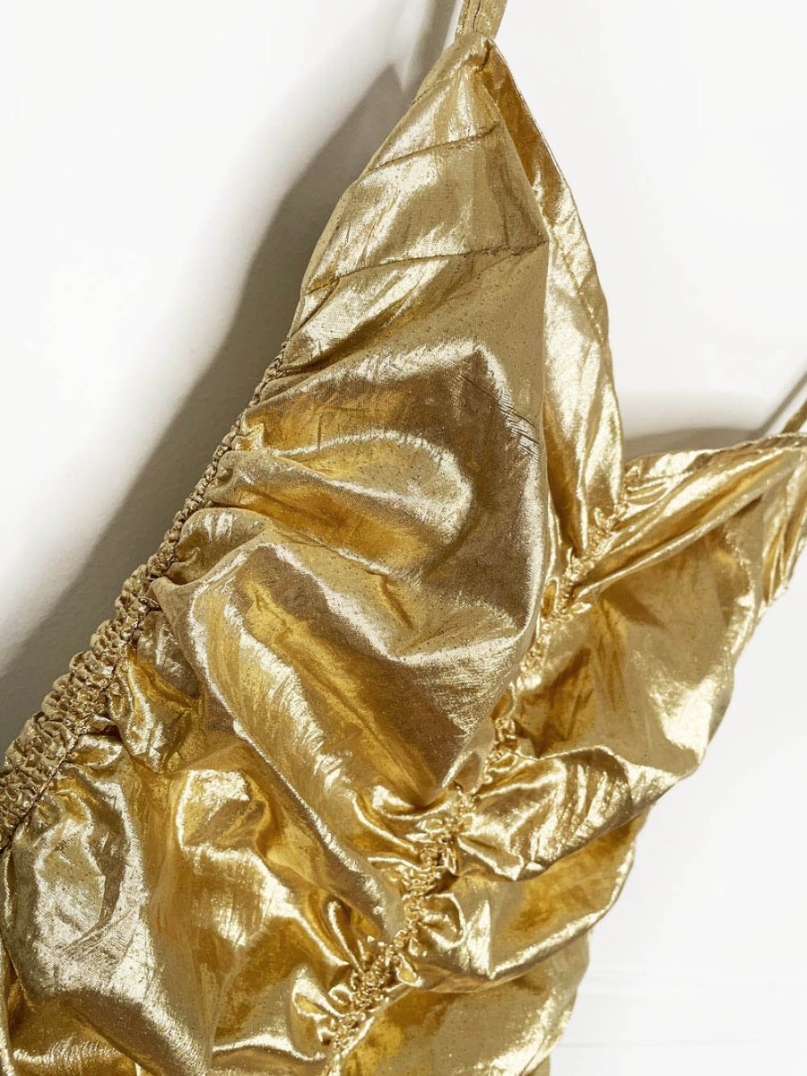 vintage clues 80s gold lamé ruched party dress | new york | paris - good market thrift store