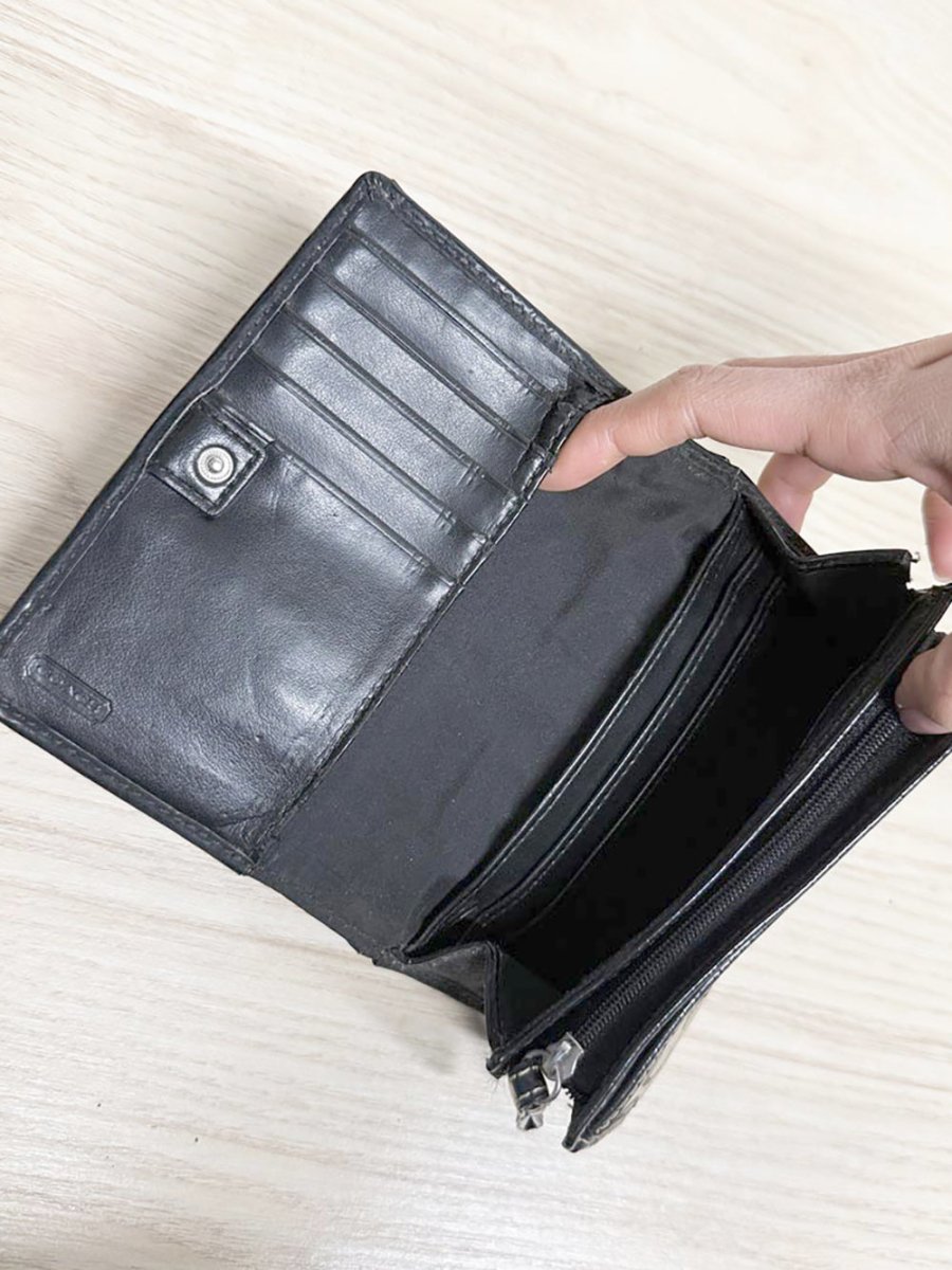 vintage coach leather and canvas monogram snap button wallet - good market thrift store