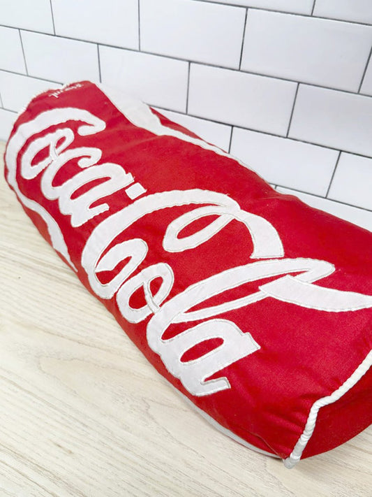 vintage coca - cola can patchwork logo log pillow - good market thrift store