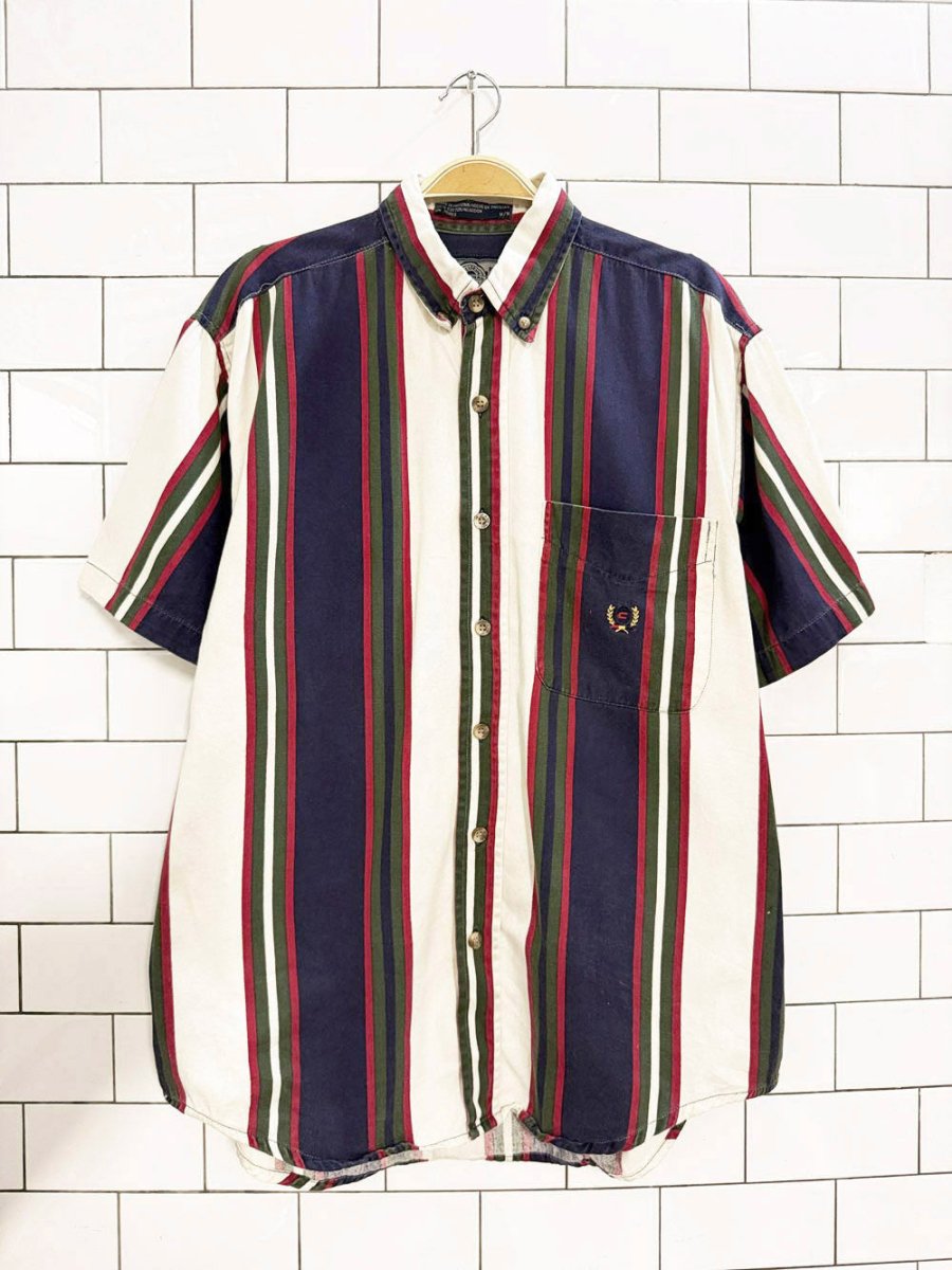 vintage coliseum crest pocket striped full button short sleeve shirt - good market thrift store