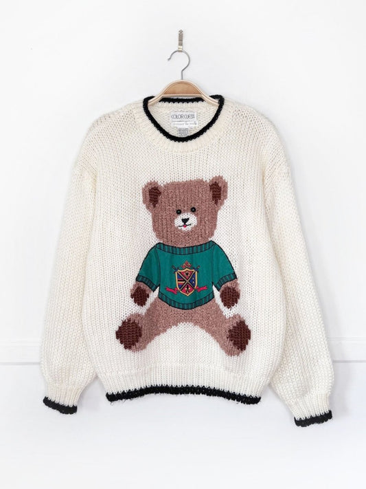 vintage colour cues hand-knit teddy bear sweater - good market thrift store