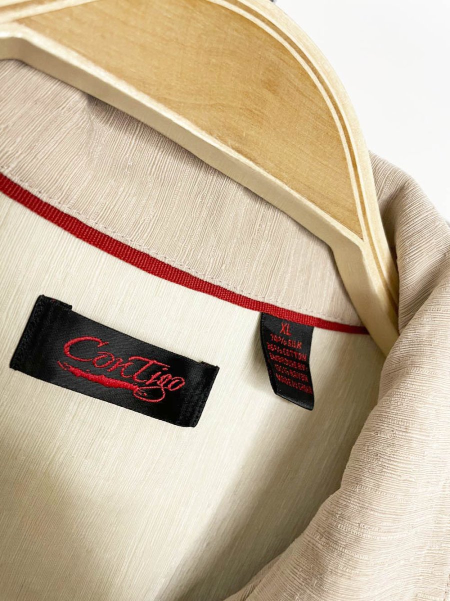 vintage contigo silk - blend embroidered cabana full button shirt - good market thrift store