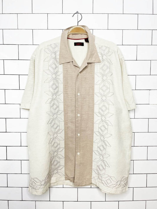 vintage contigo silk - blend embroidered cabana full button shirt - good market thrift store