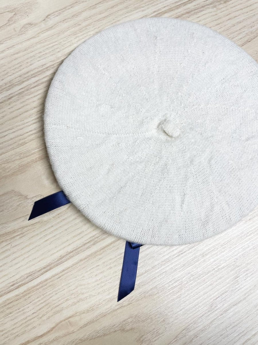 vintage cream wool french beret with satin bow - good market thrift store