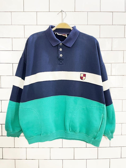 vintage crest 1/2 button boxy colour block stripe collared sweatshirt - good market thrift store