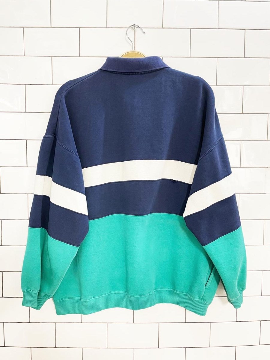 vintage crest 1/2 button boxy colour block stripe collared sweatshirt - good market thrift store