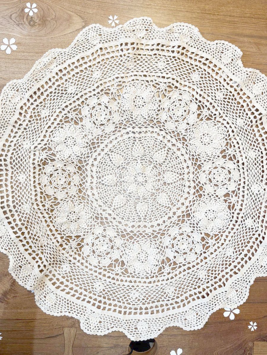 vintage crochet circle small table cloth - good market thrift store
