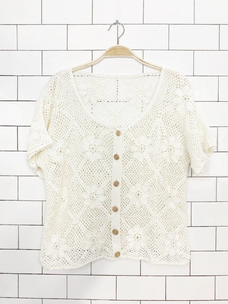 vintage crochet knit floral full button top - good market thrift store