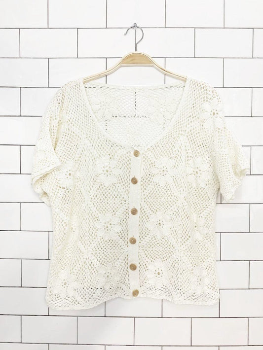 vintage crochet knit floral full button top - good market thrift store