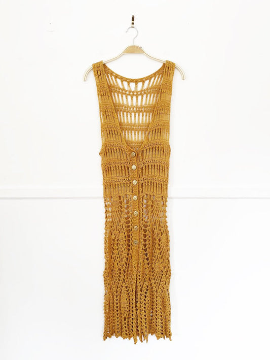 vintage crochet knit full button sleeveless cover up maxi dress - good market thrift store