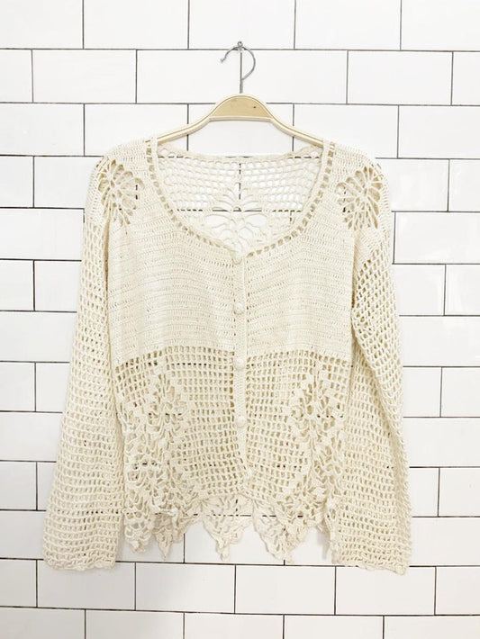vintage crochet knit v - neck full button cardigan shirt - good market thrift store