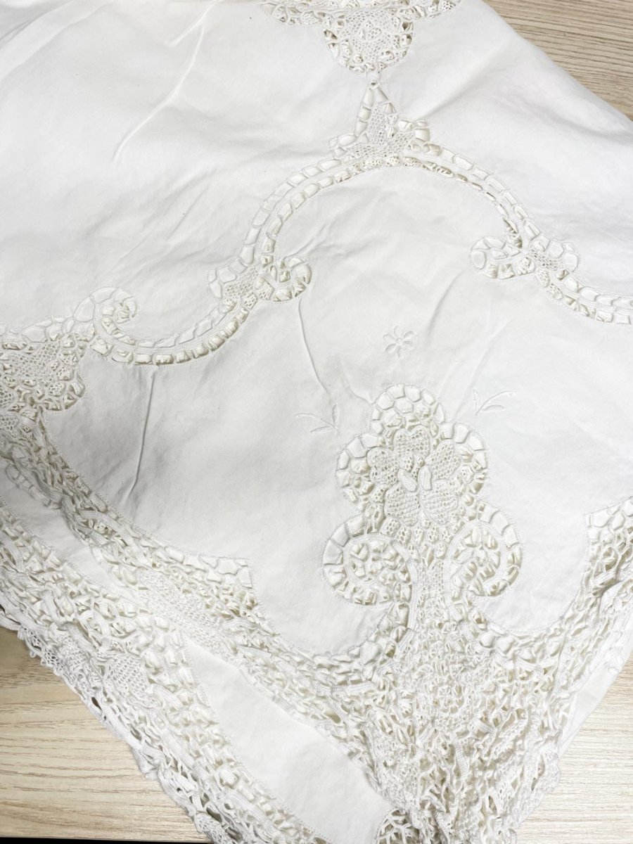 vintage crochet lace trim xl table cloth - good market thrift store