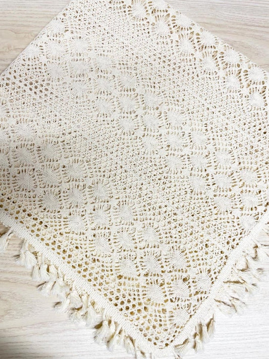 vintage crochet tassel edge square table cloth - good market thrift store