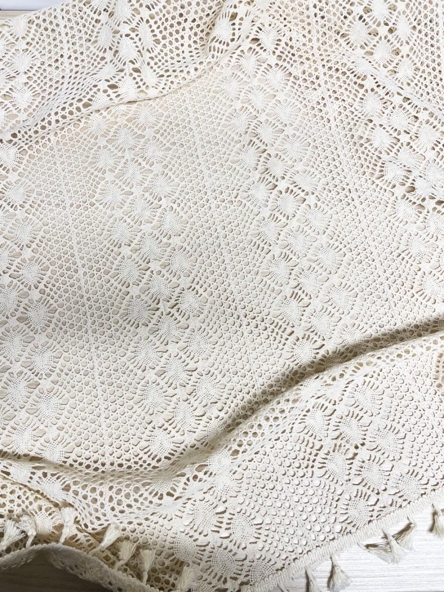 vintage crochet tassel edge square table cloth - good market thrift store