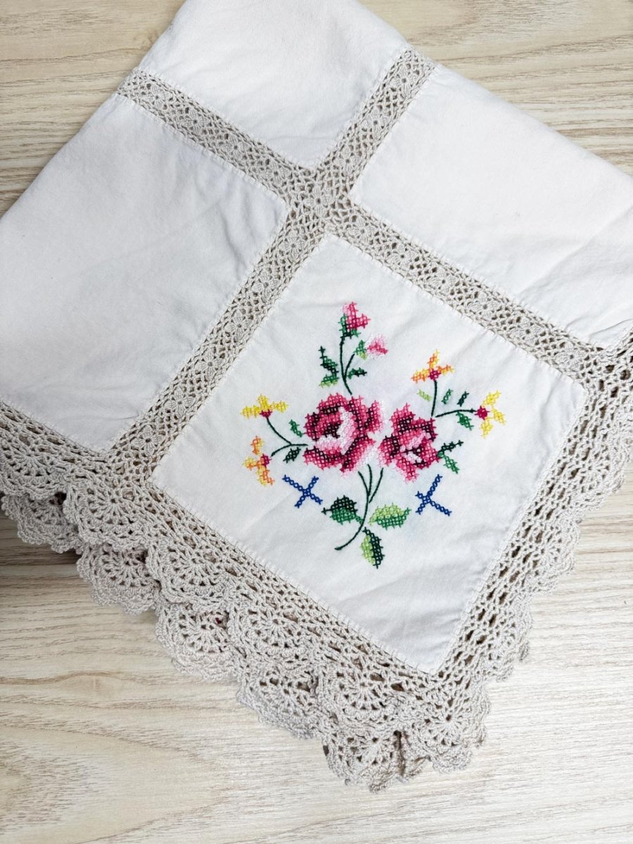 vintage crochet trim hand-embroidered square table cloth - good market thrift store