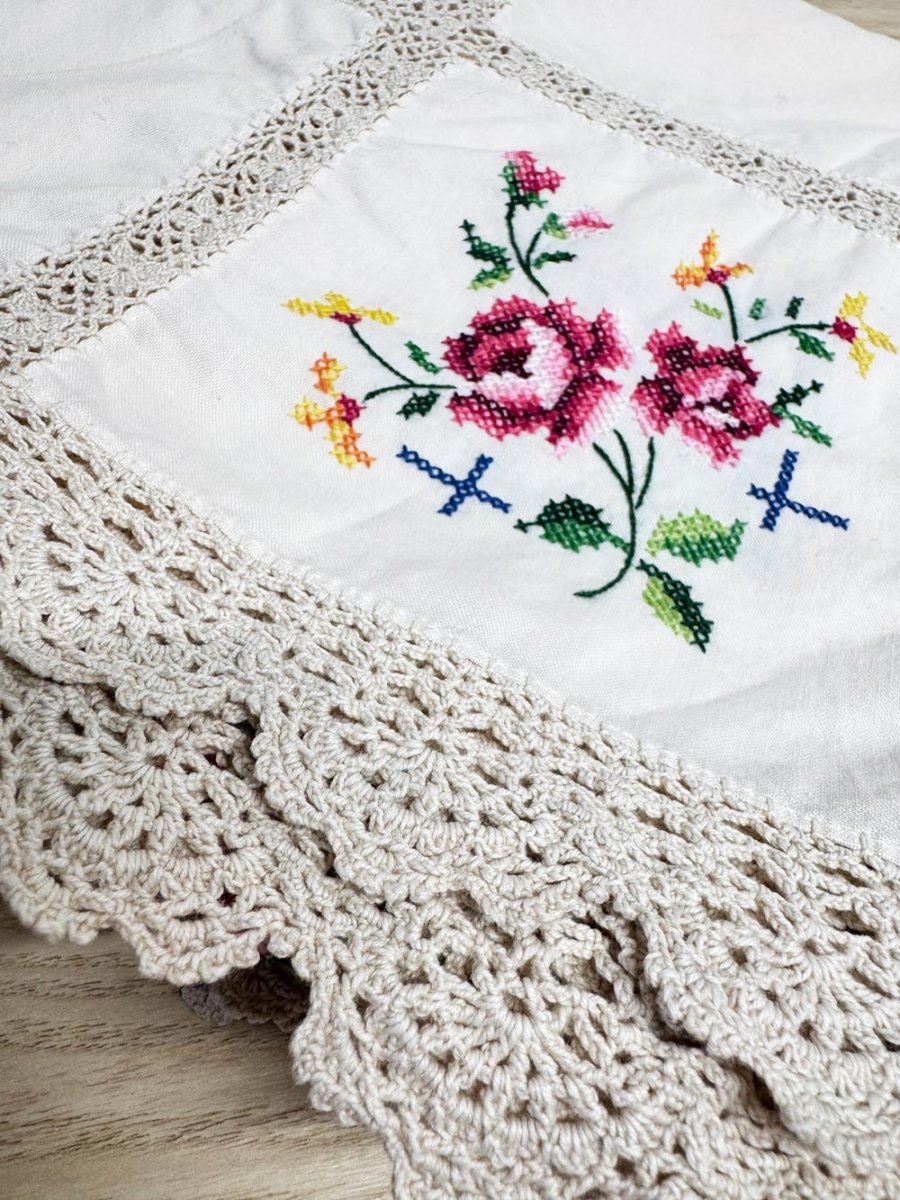 vintage crochet trim hand-embroidered square table cloth - good market thrift store