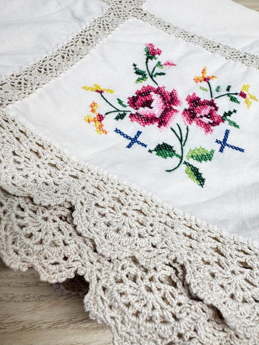vintage crochet trim hand-embroidered square table cloth - good market thrift store