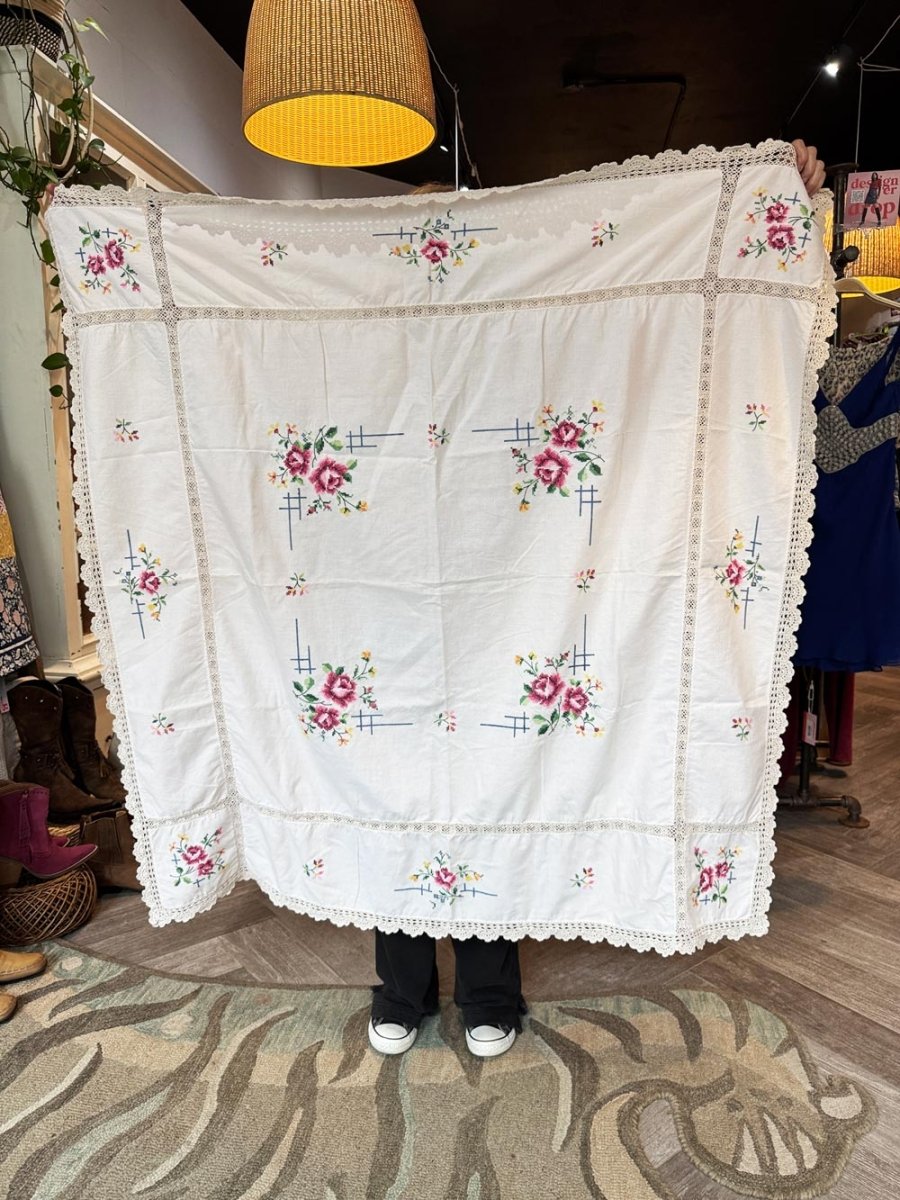 vintage crochet trim hand-embroidered square table cloth - good market thrift store