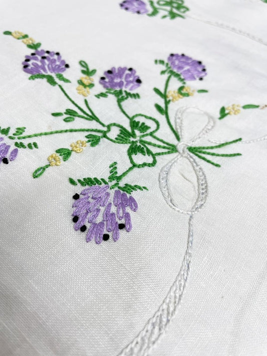 vintage crochet trim linen embroidered floral table runner - good market thrift store