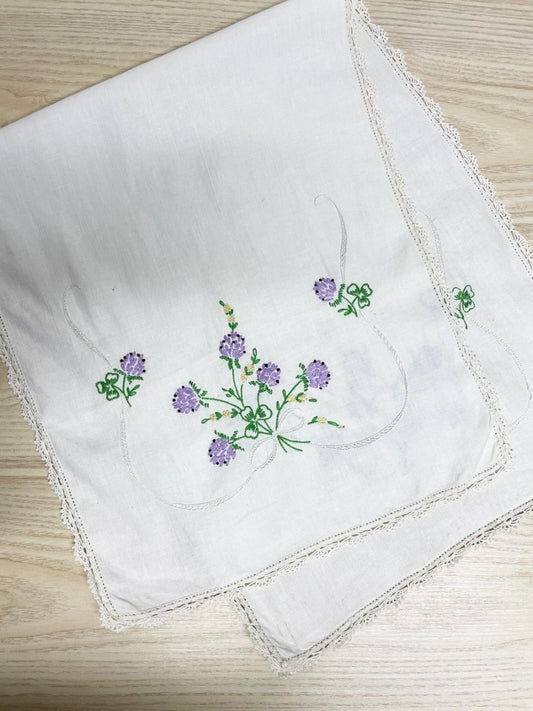 vintage crochet trim linen embroidered floral table runner - good market thrift store