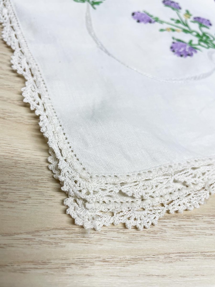 vintage crochet trim linen embroidered floral table runner - good market thrift store
