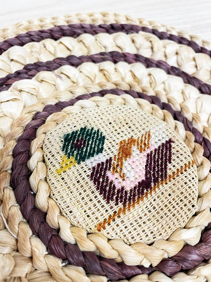 vintage cross stitch duck rattan pot trivet - good market thrift store