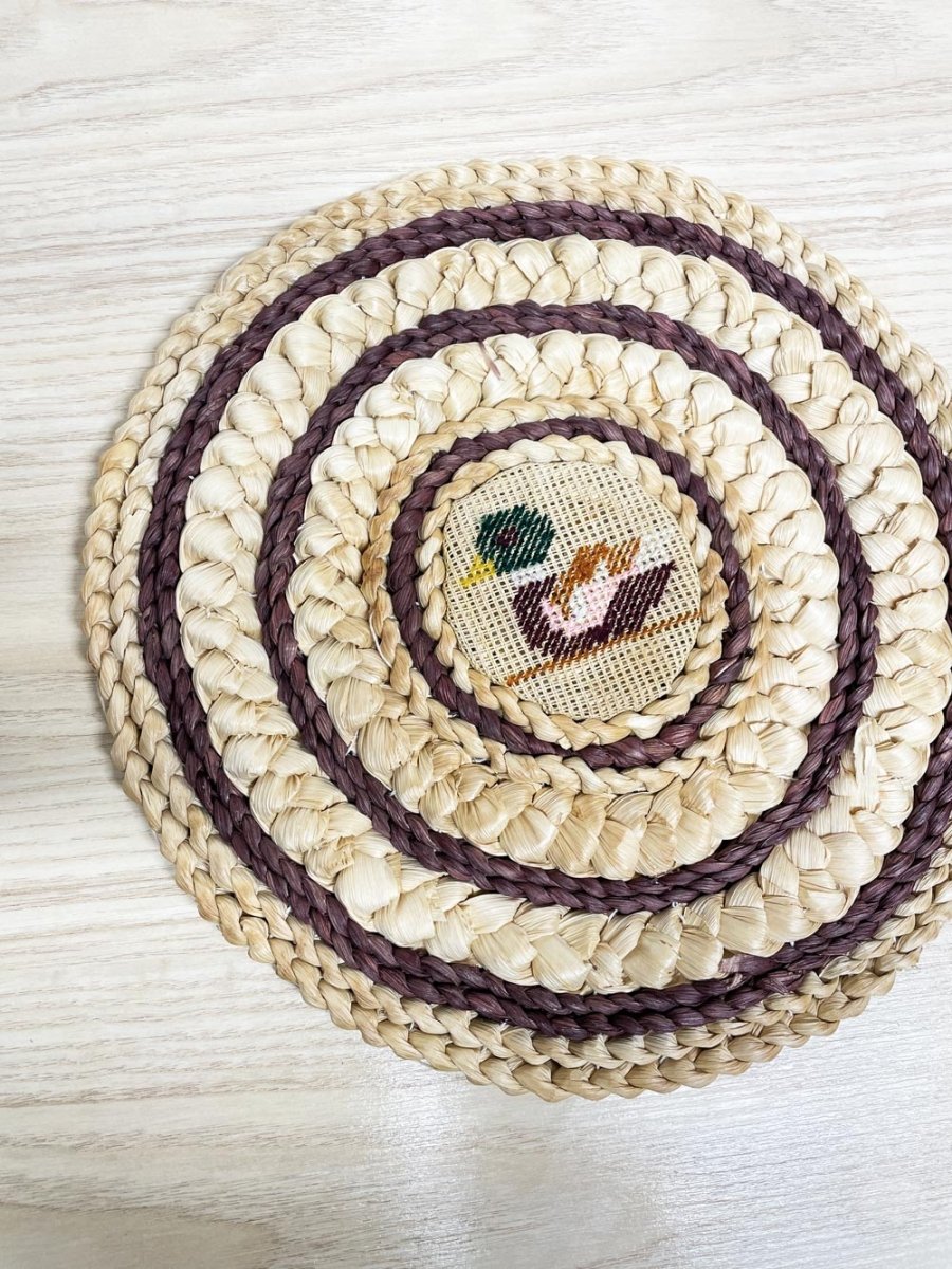 vintage cross stitch duck rattan pot trivet - good market thrift store