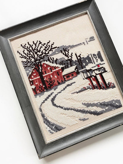 vintage cross stitch winter cabin framed art | handmade - good market thrift store
