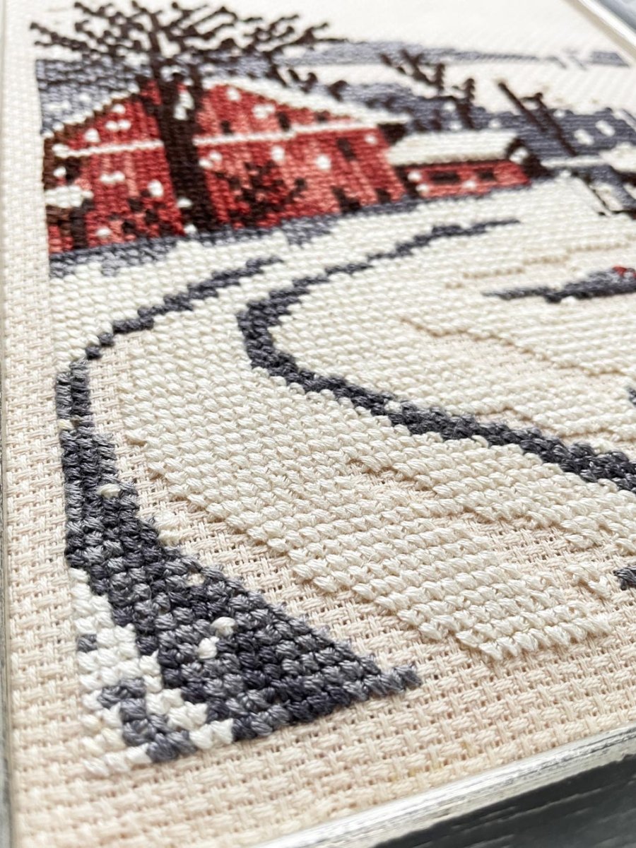 vintage cross stitch winter cabin framed art | handmade - good market thrift store