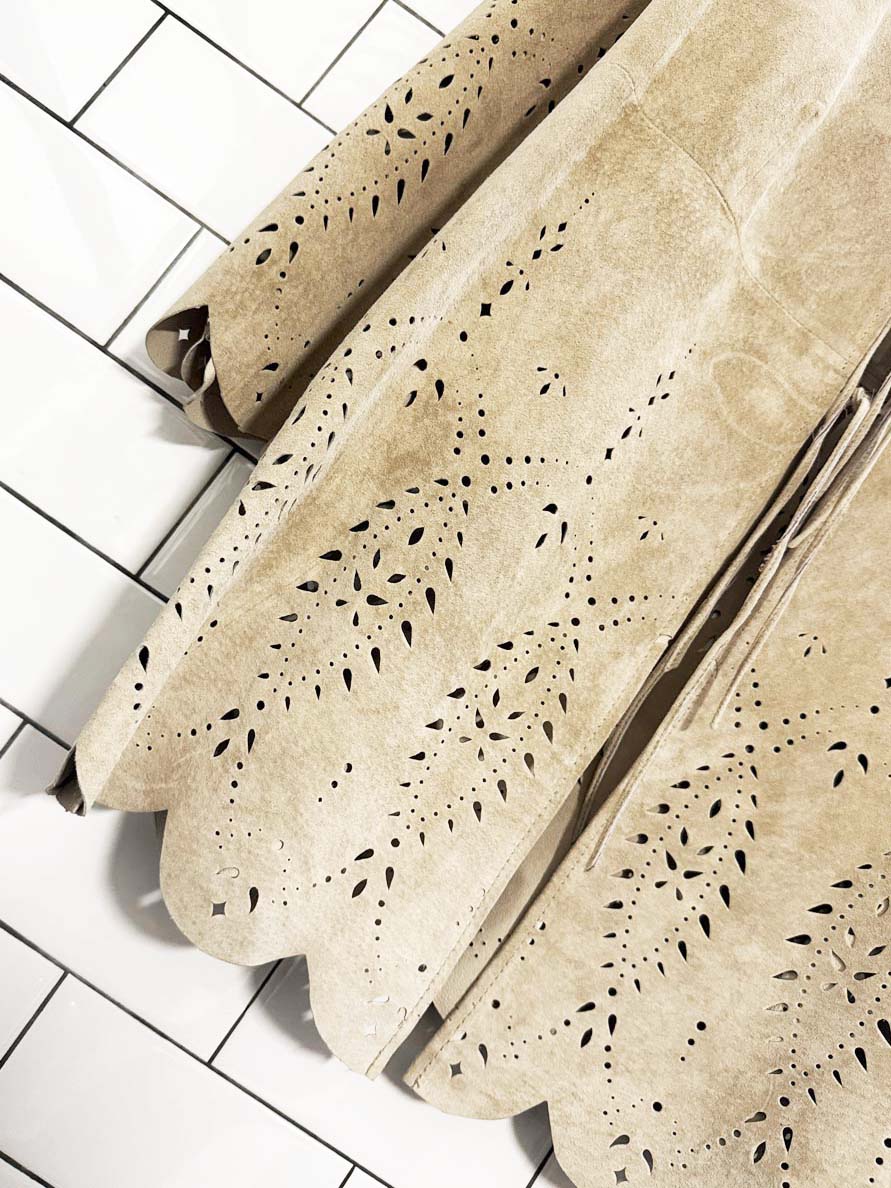 vintage danier 100% lamb suede boho laser cut jacket + skirt set - good market thrift store