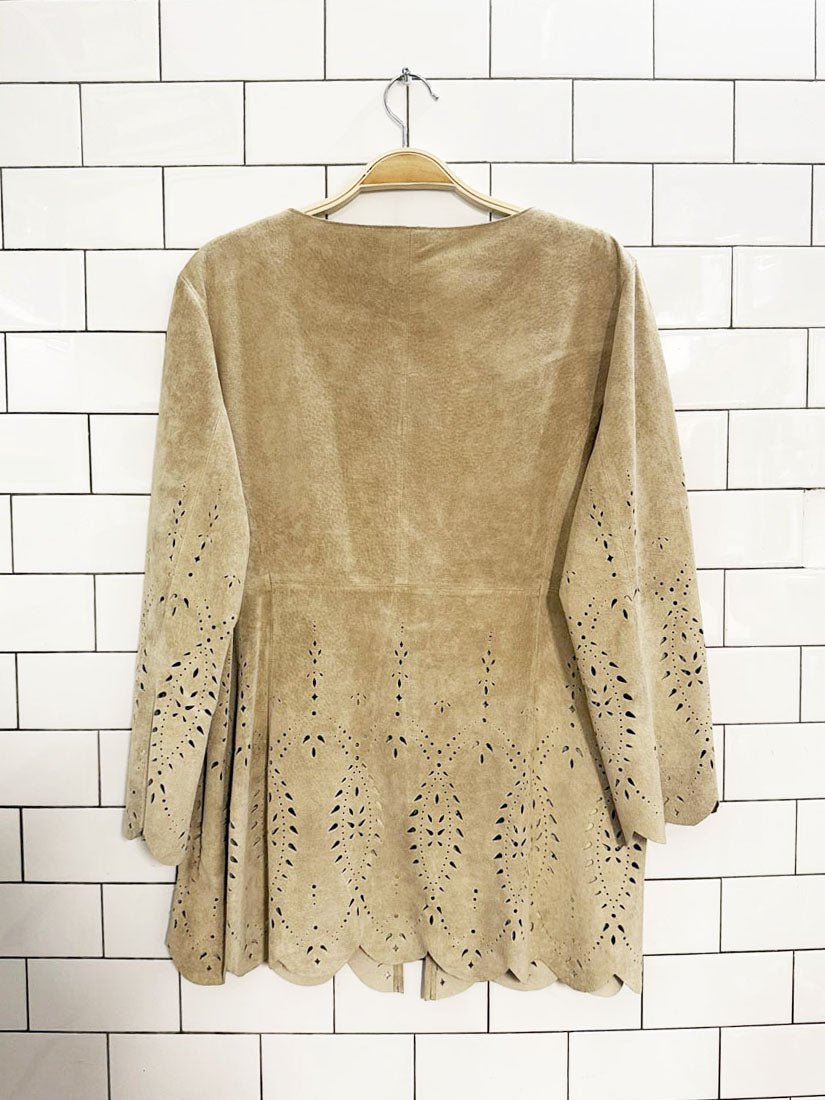vintage danier 100% lamb suede boho laser cut jacket + skirt set - good market thrift store
