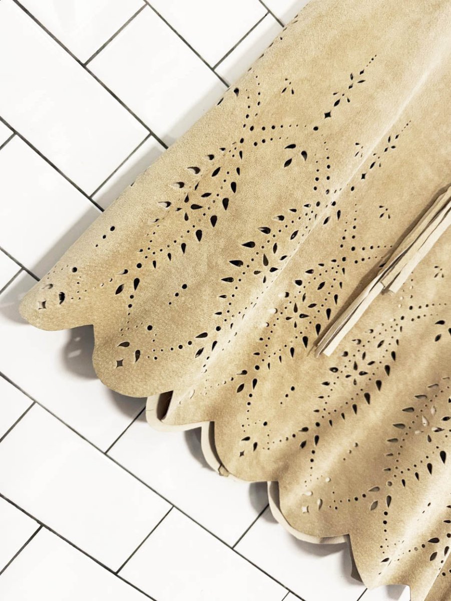 vintage danier 100% lamb suede boho laser cut jacket + skirt set - good market thrift store