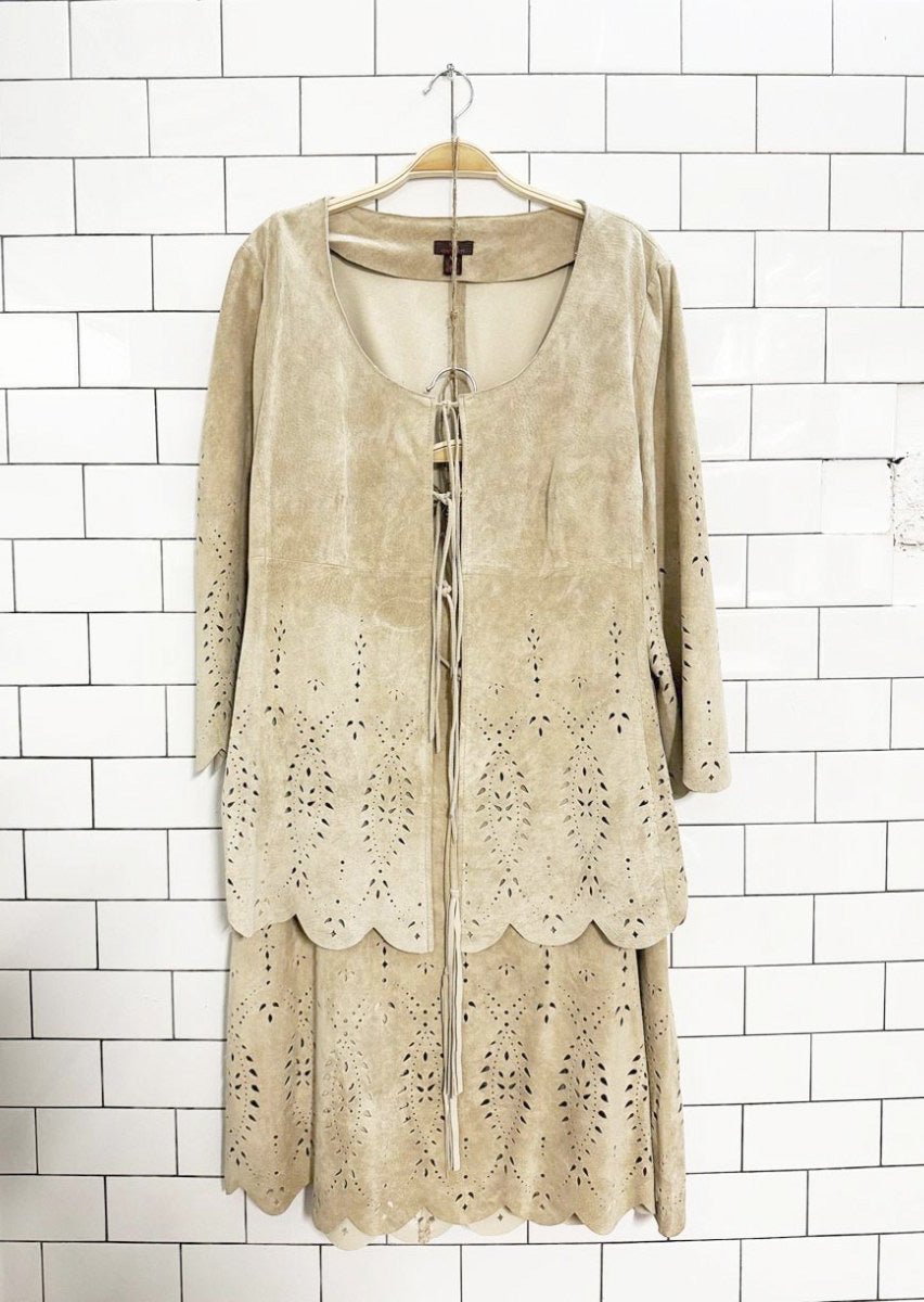 vintage danier lamb suede boho laser cut jacket + skirt set - good market thrift store